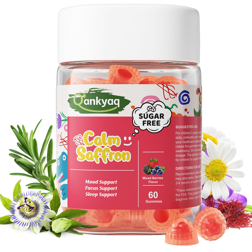 Q'ankyaq Kids Saffron Gummies bottle shows family-friendly focus support for children.