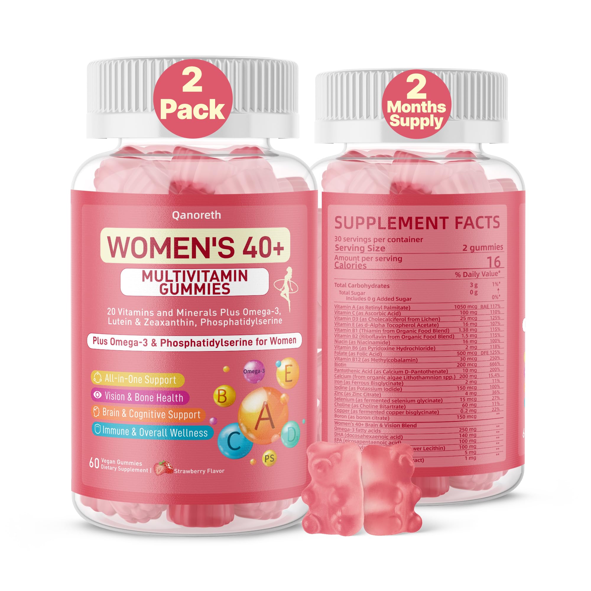 Qanoreth Women 40+ multivitamin bottle promoting daily energy and bone support