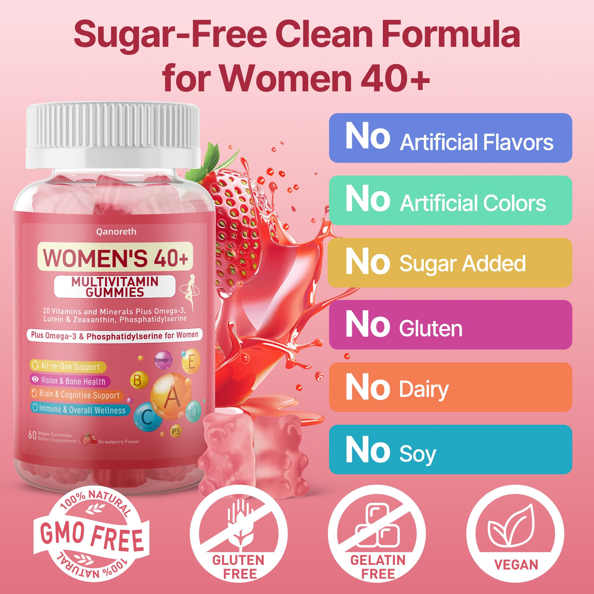 Qanoreth sugar-free gummies image showing a tasty daily dose for 40+ energy