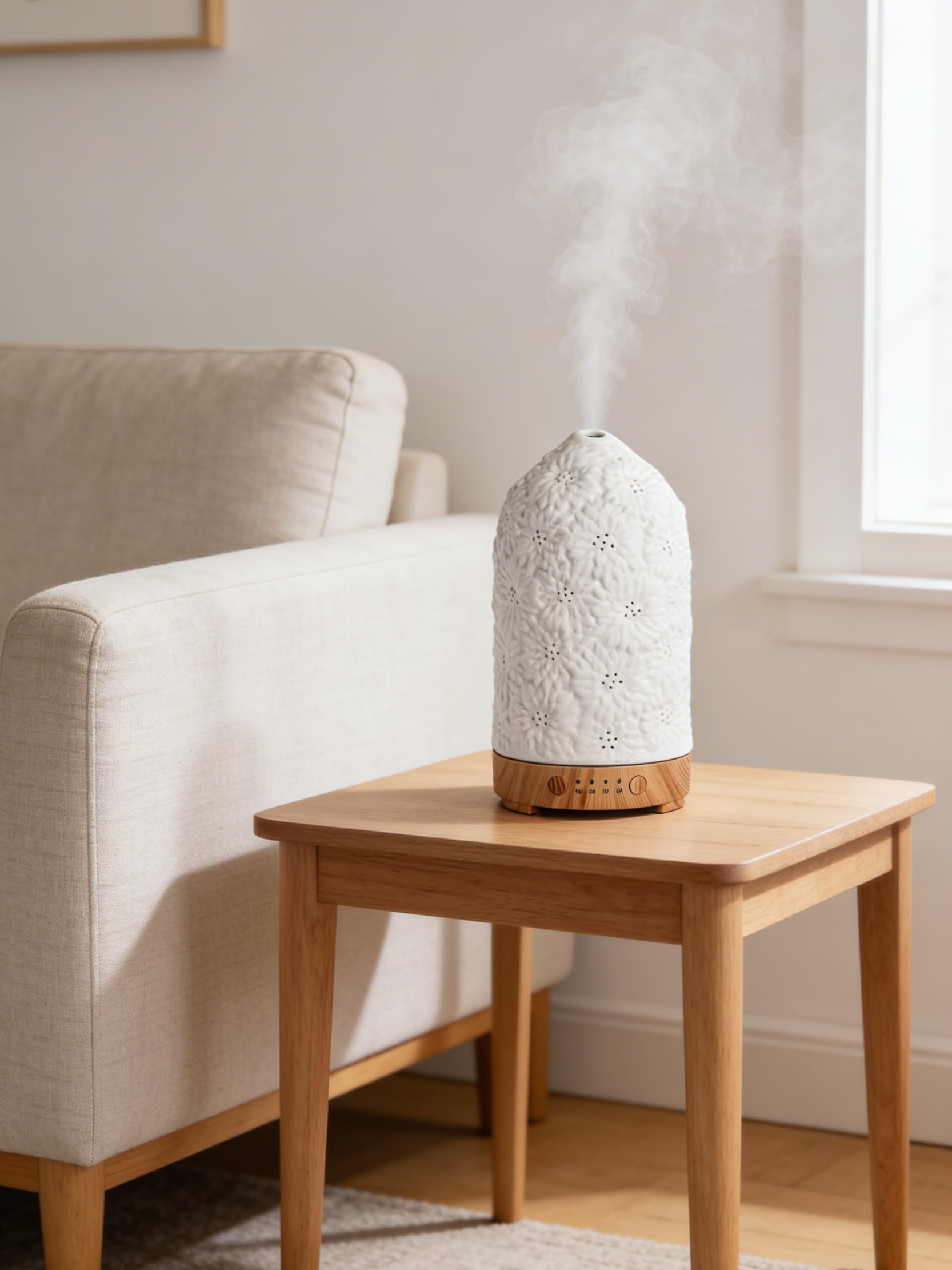 QCYBDGLOV Sunflower ceramic diffuser on office desk for portable aromatherapy.