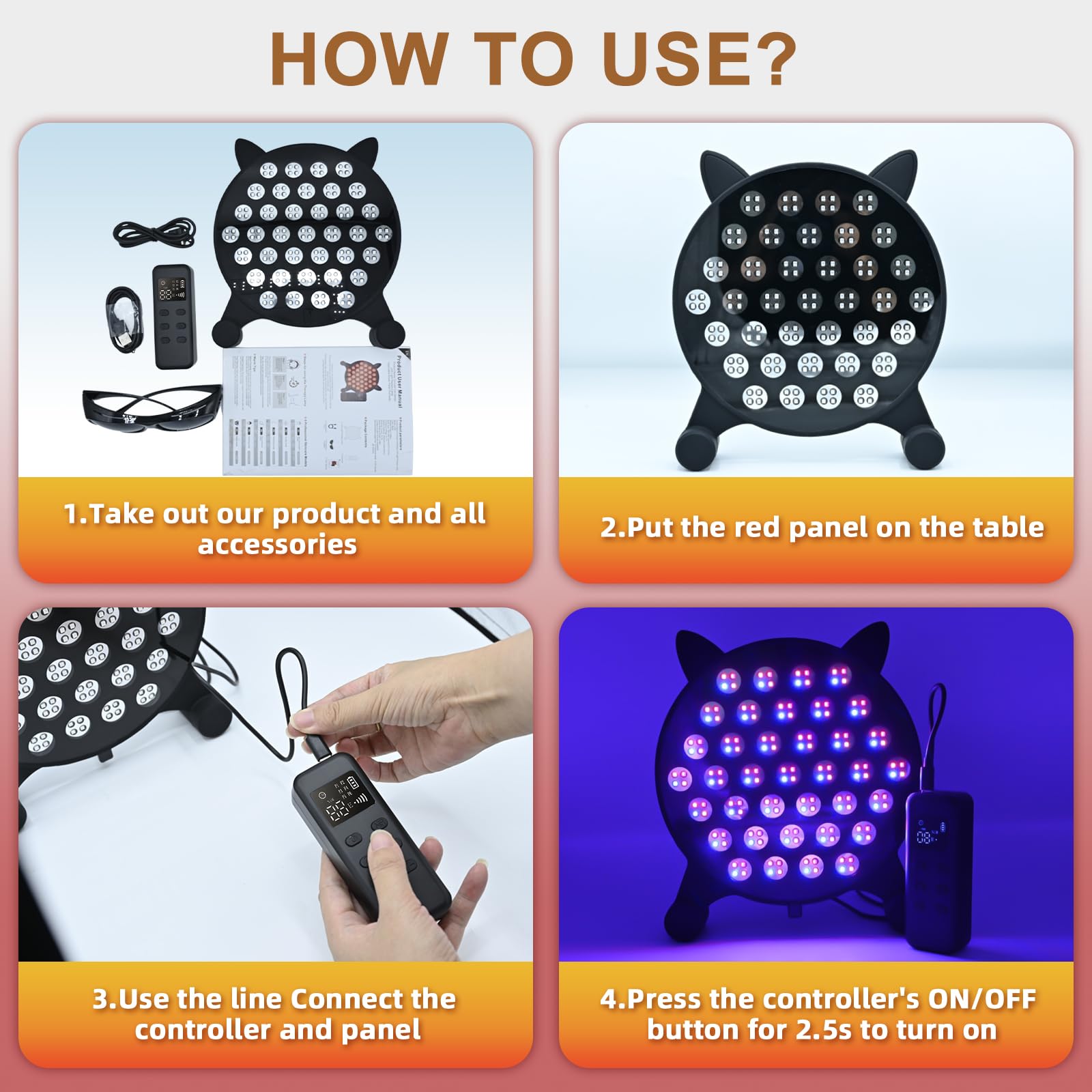 QEMAUUA Cat-Face Red Light Lamp controller demonstrates one-touch color and mode selection