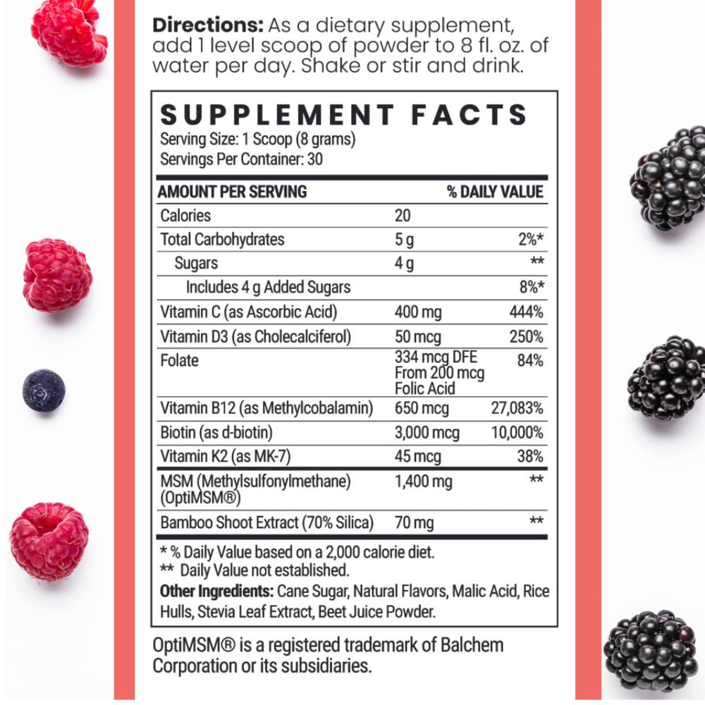 Qhemet Biologics wildberry flavor powder in glass emphasizes easy daily intake