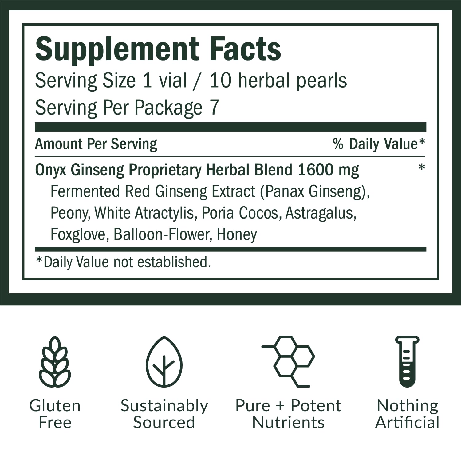 Qi ALCHEMY Red Ginseng Pearls bottle back displaying honest supplement facts for transparency.