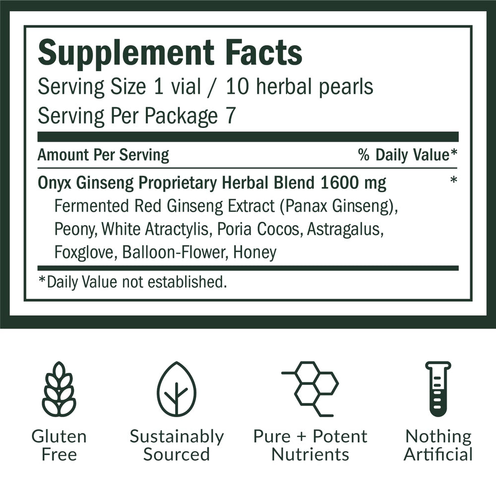 Qi ALCHEMY Red Ginseng Pearls bottle back displaying honest supplement facts for transparency.