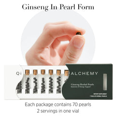 Qi ALCHEMY Red Ginseng Pearls close-up texture suggesting convenient, caffeine-free daily use.