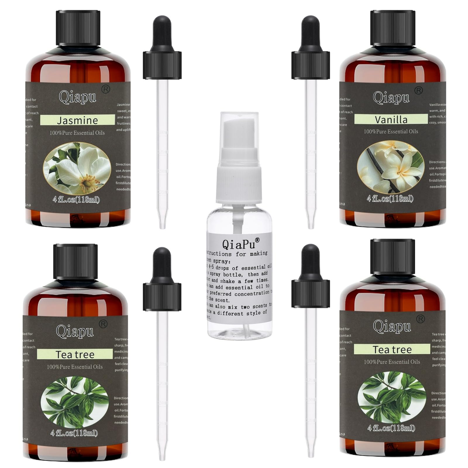 Qiapu peppermint essential oil bottle close-up for diffuser calming aroma.