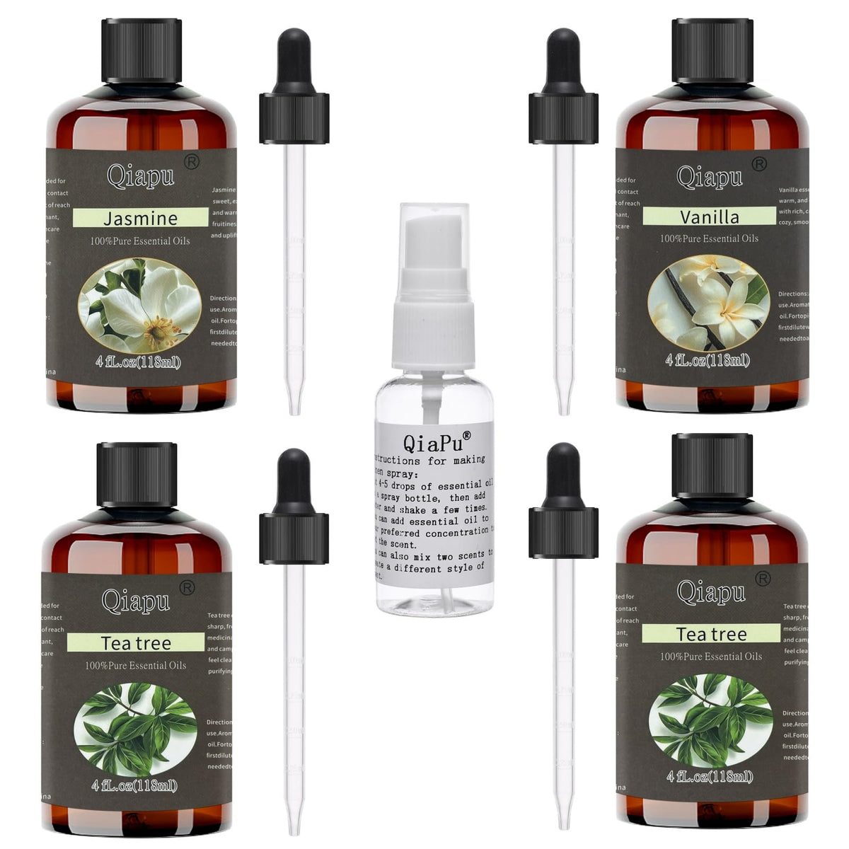 Qiapu peppermint essential oil bottle close-up for diffuser calming aroma.