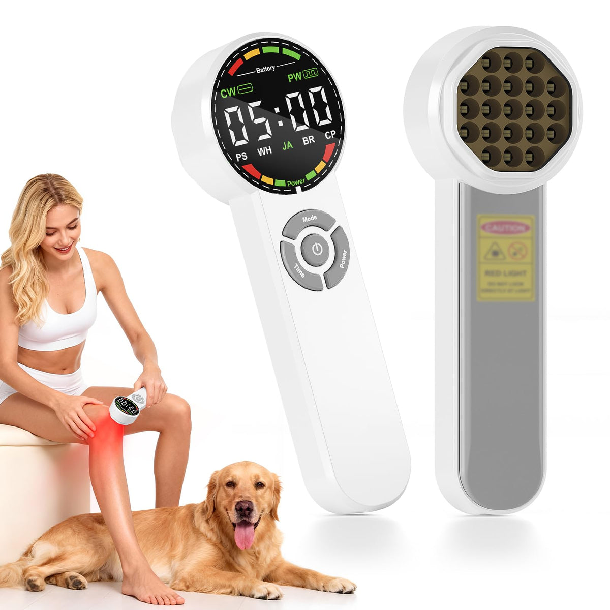Qirelle handheld red light device in front view for targeted at-home relief.