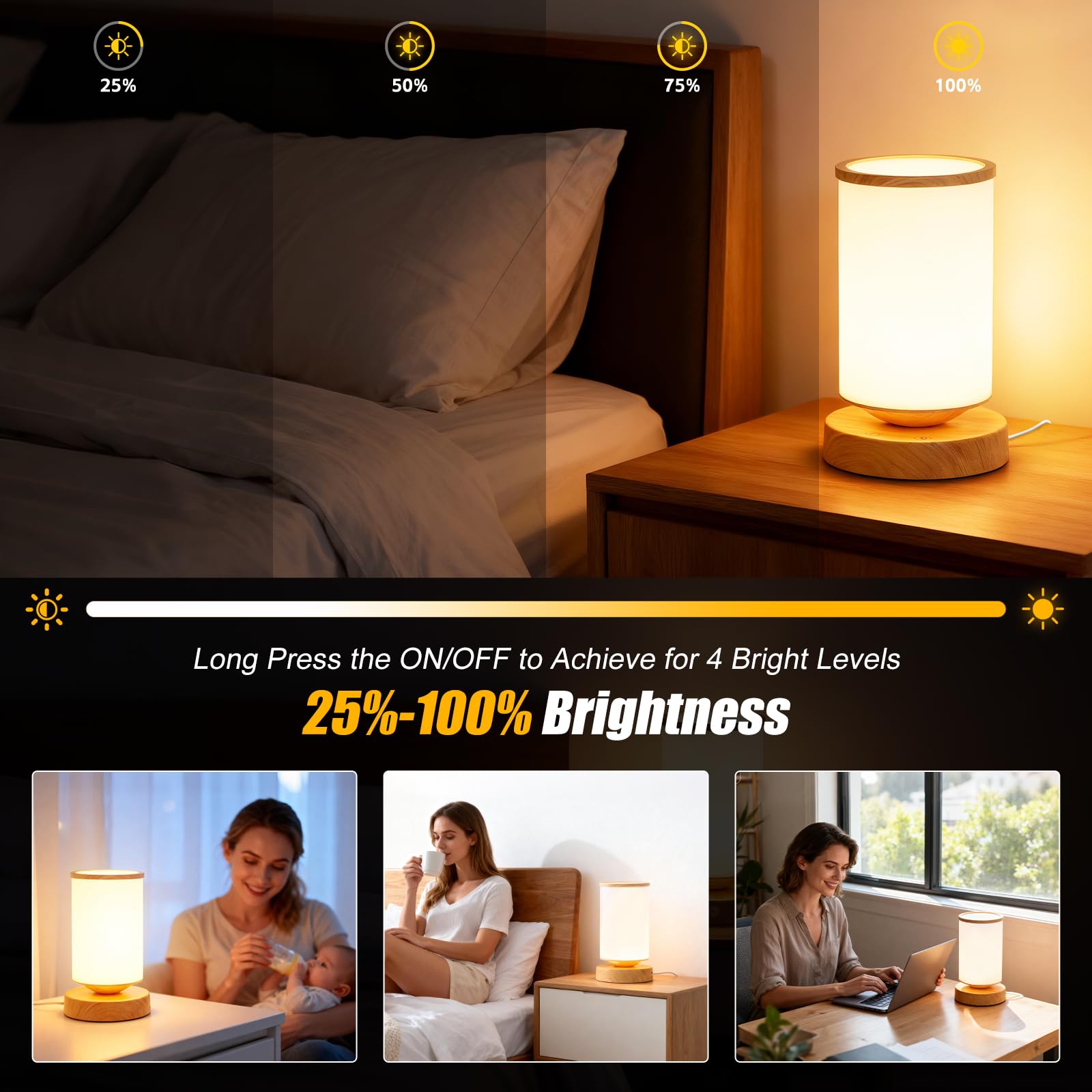 Qiuxunies lamp beside a bed providing soft ambient reading light