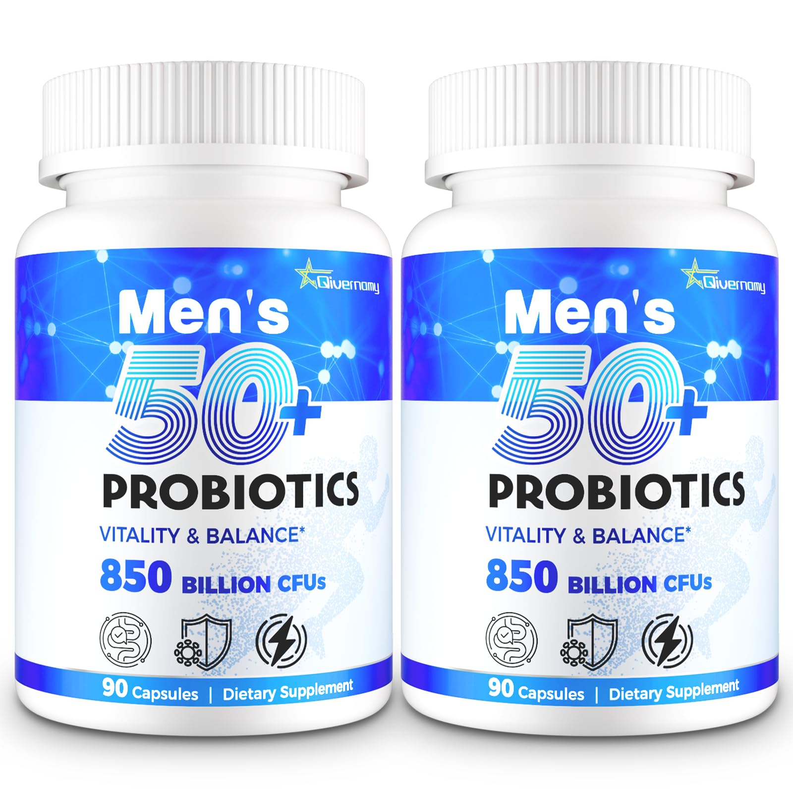 QIVERNAMY Probiotics for Men 50+ bottle front supports daily gut health for mature men