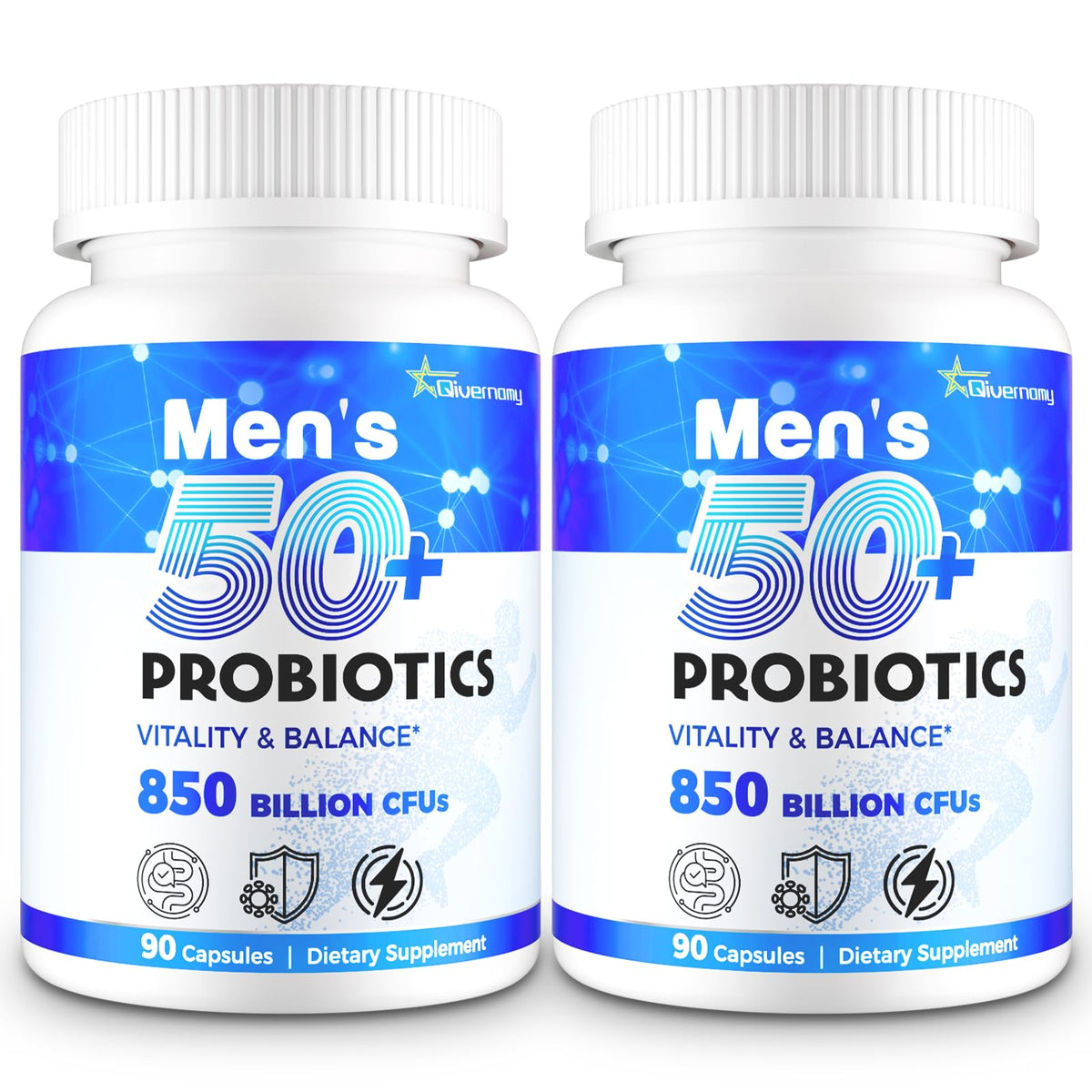 QIVERNAMY Probiotics for Men 50+ bottle front supports daily gut health for mature men