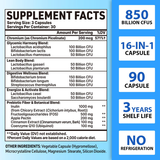 QIVERNAMY bottle label close-up highlights 850B CFU and 1800mg prebiotics