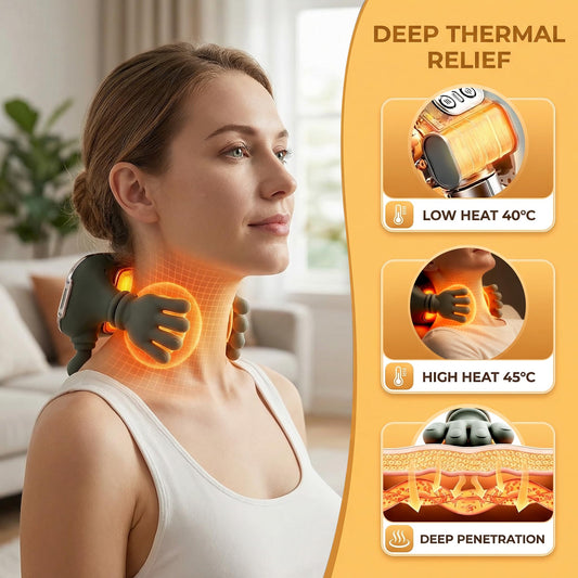 Qiwadu wireless neck massager in use for hands-free relaxation.