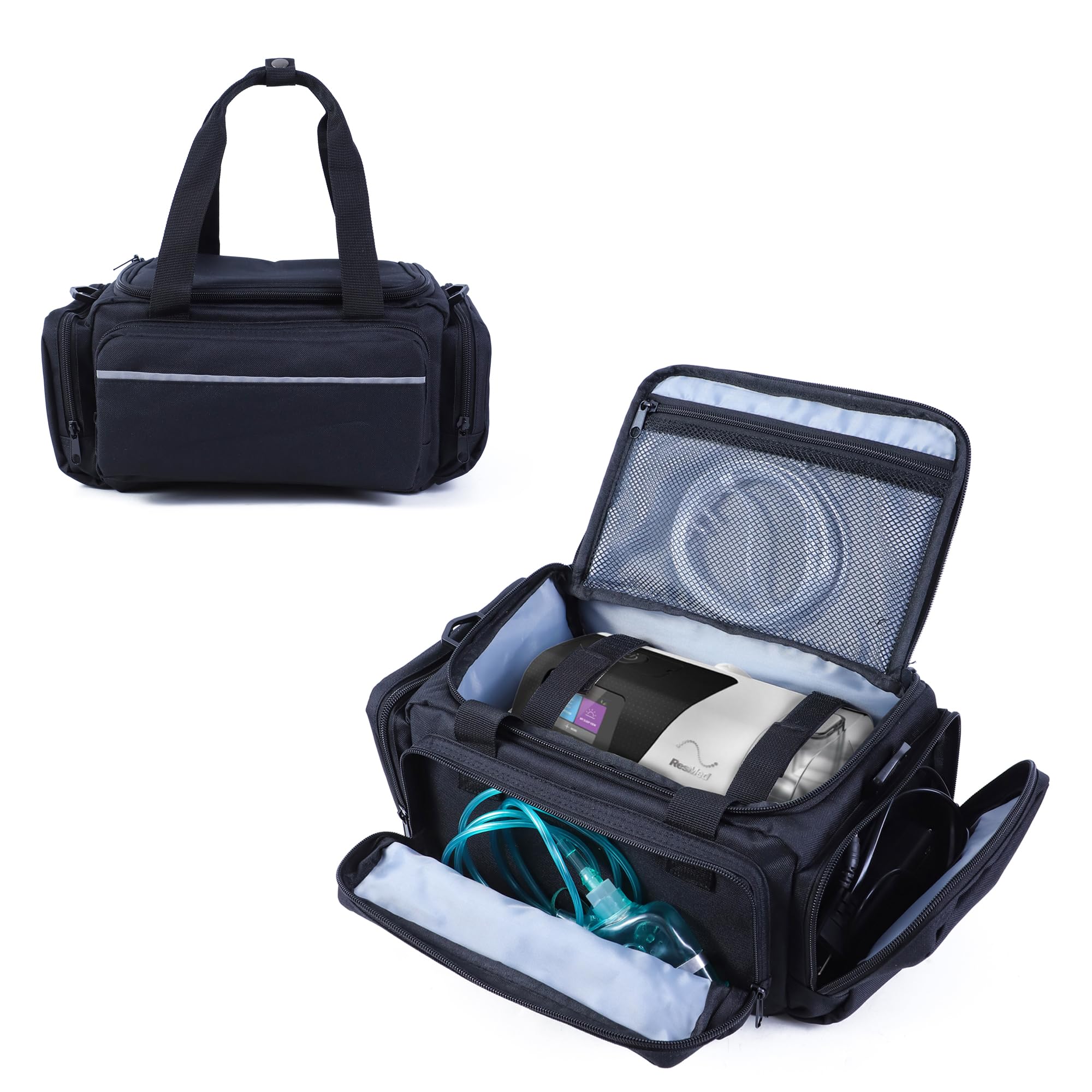 Qixotrz CPAP travel bag front pocket for quick hose access during travel.