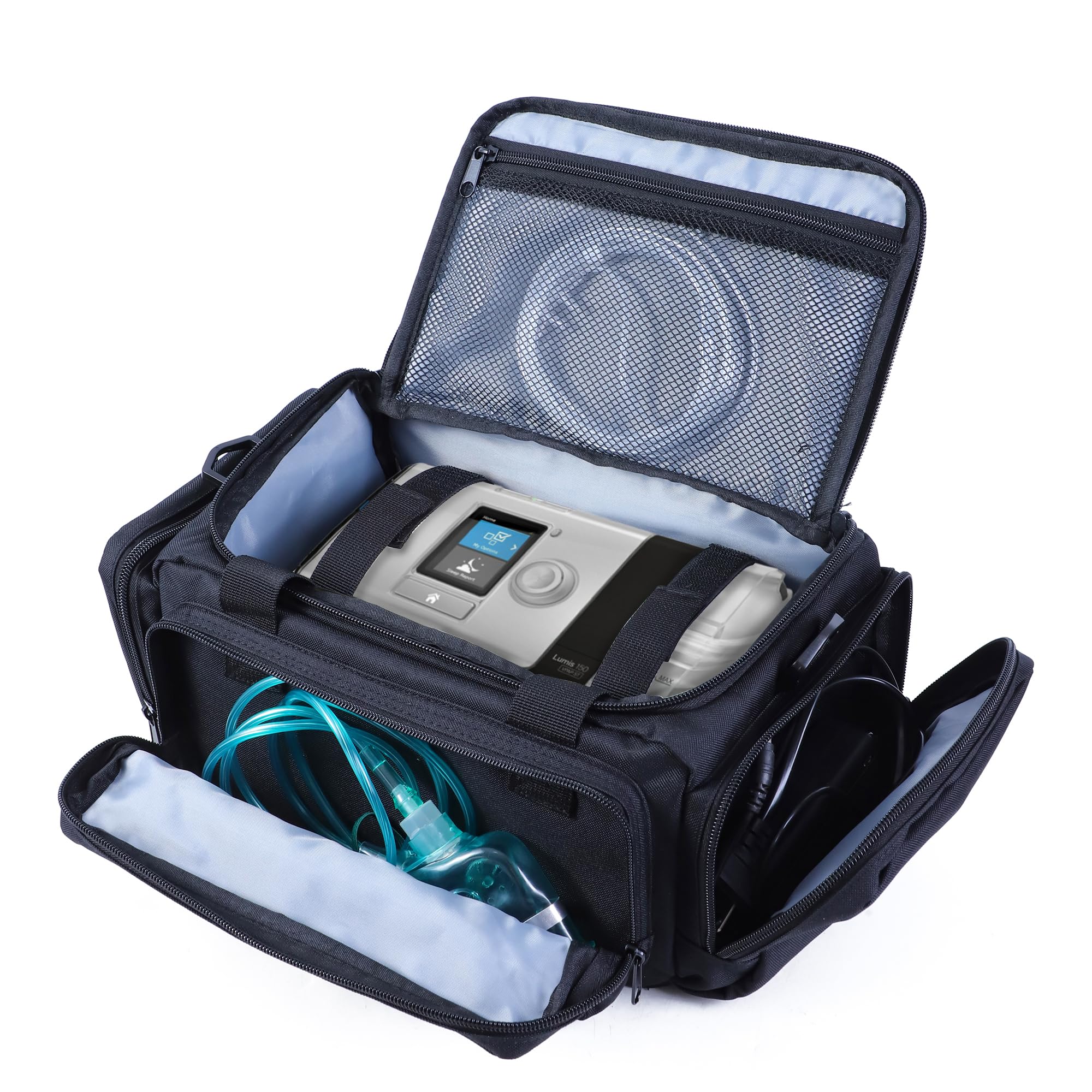 Qixotrz CPAP travel bag side pockets organize hoses and supplies for travel.