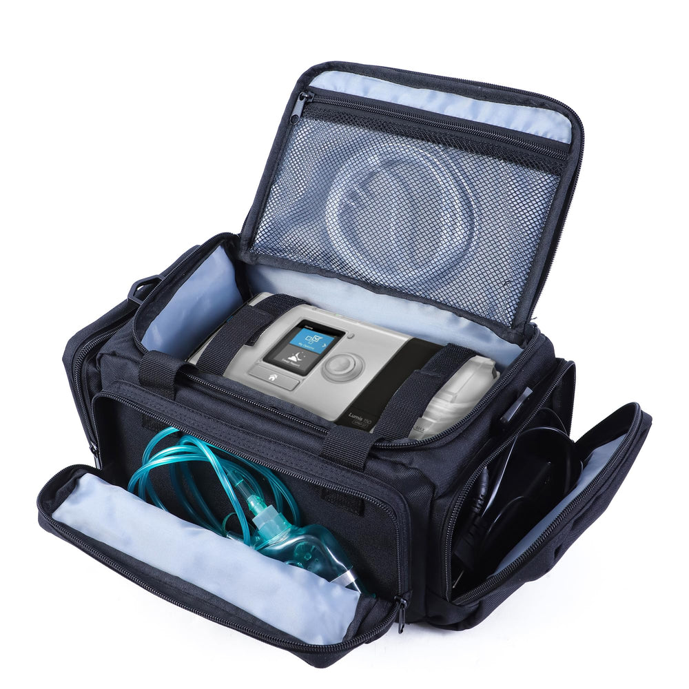 Qixotrz CPAP travel bag side pockets organize hoses and supplies for travel.