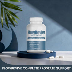 Qoenba Flow Revive capsules closeup with herbal blends for prostate wellness.