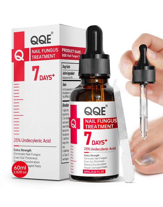 QQE toenail fungus treatment bottle showing 25% undecylenic acid.