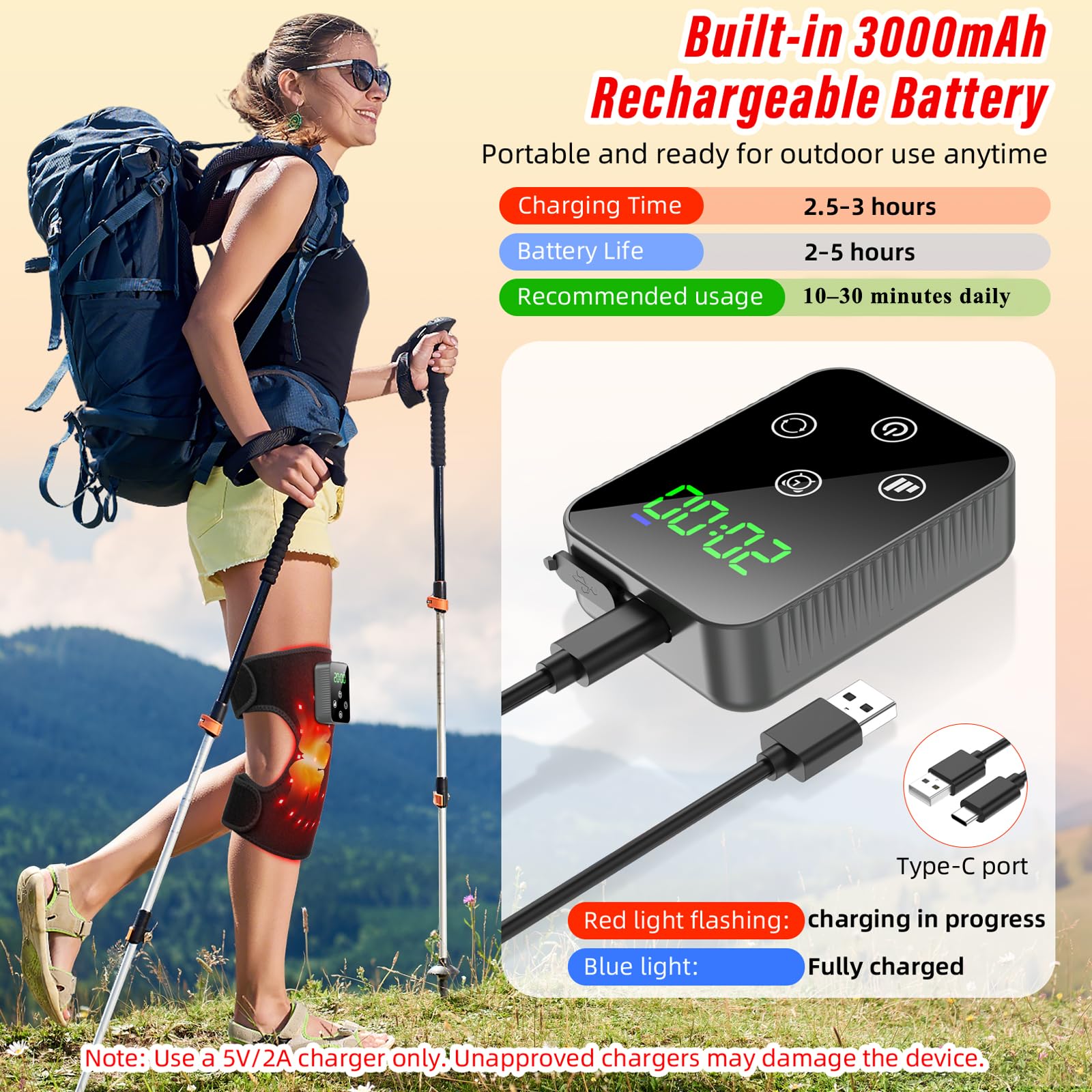 Qtyspdct knee brace close-up reveals 660nm and 850nm diodes for broad light coverage.