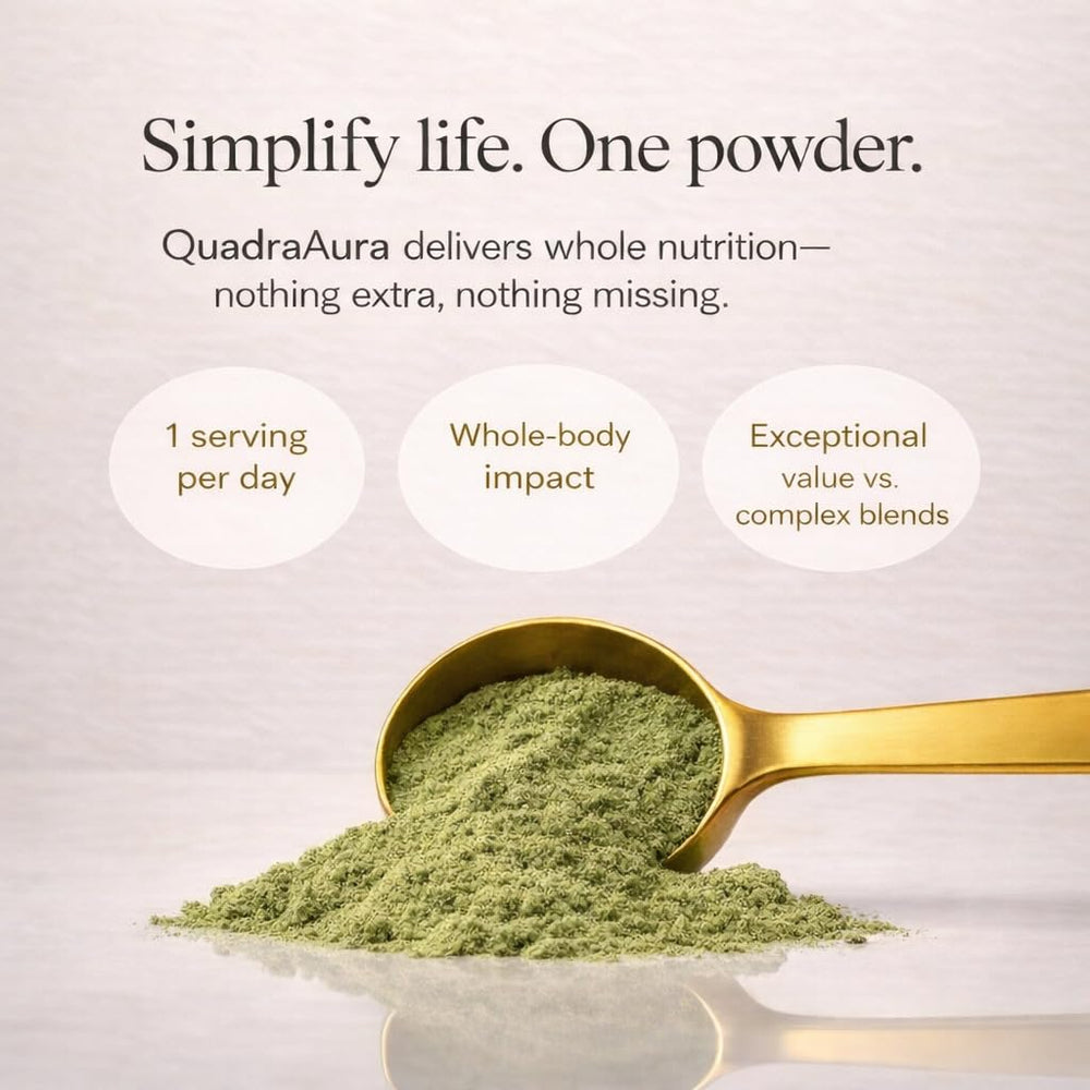 QuadraAura Moringa + Collagen Powder serving scoop demonstrates convenient daily portions
