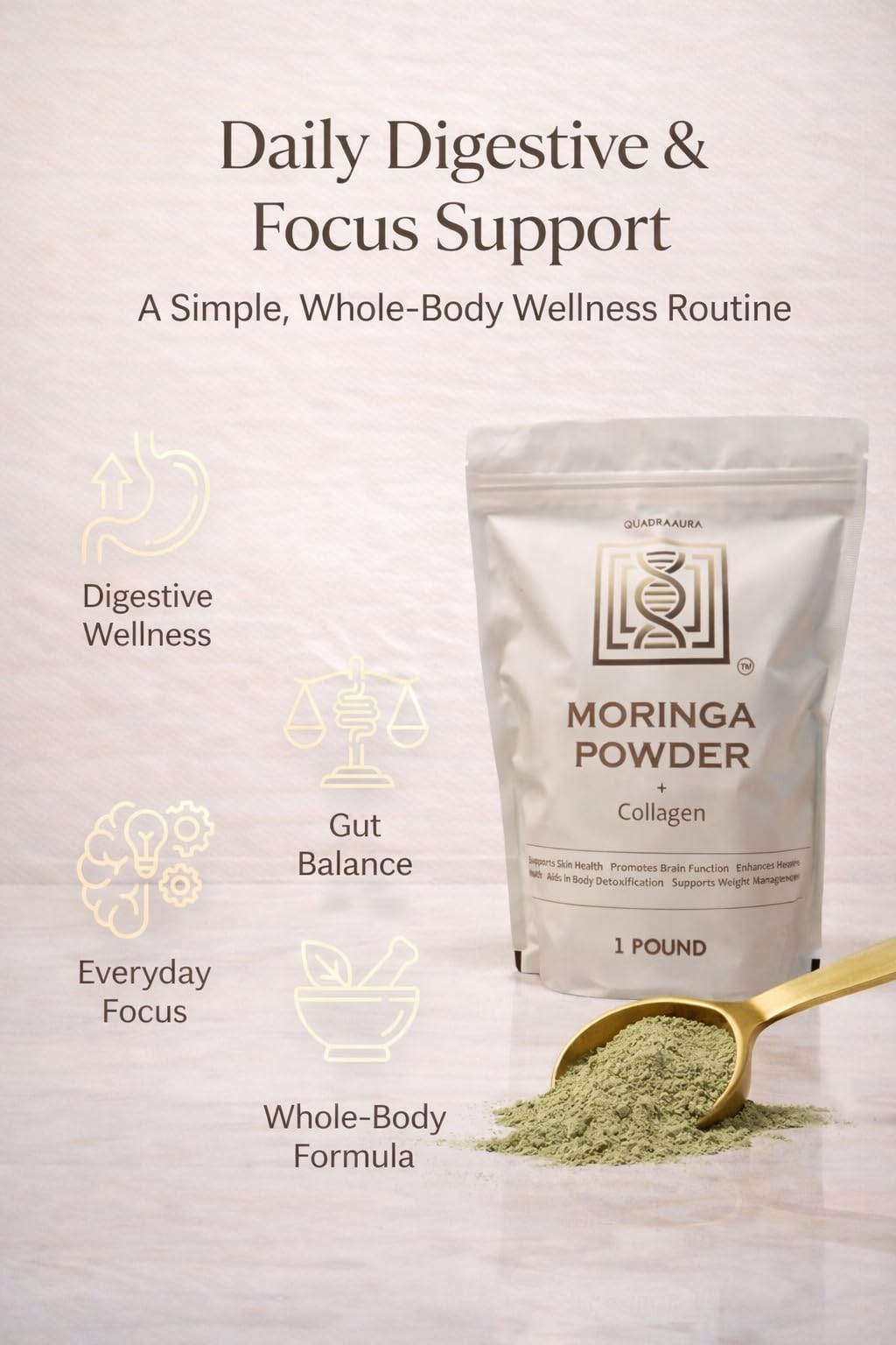 QuadraAura Moringa + Collagen Powder smoothie prep ready for daily use