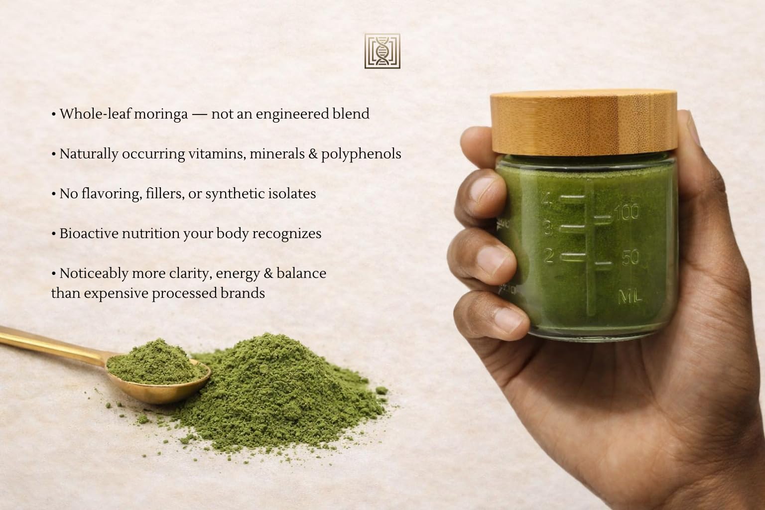 QuadraAura Moringa + Collagen Powder tub closeup highlights clean, filler-free ingredients