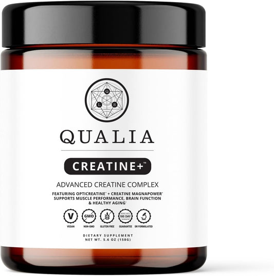 Qualia Creatine+ bottle on shelf signals premium supplement for active lifestyles.