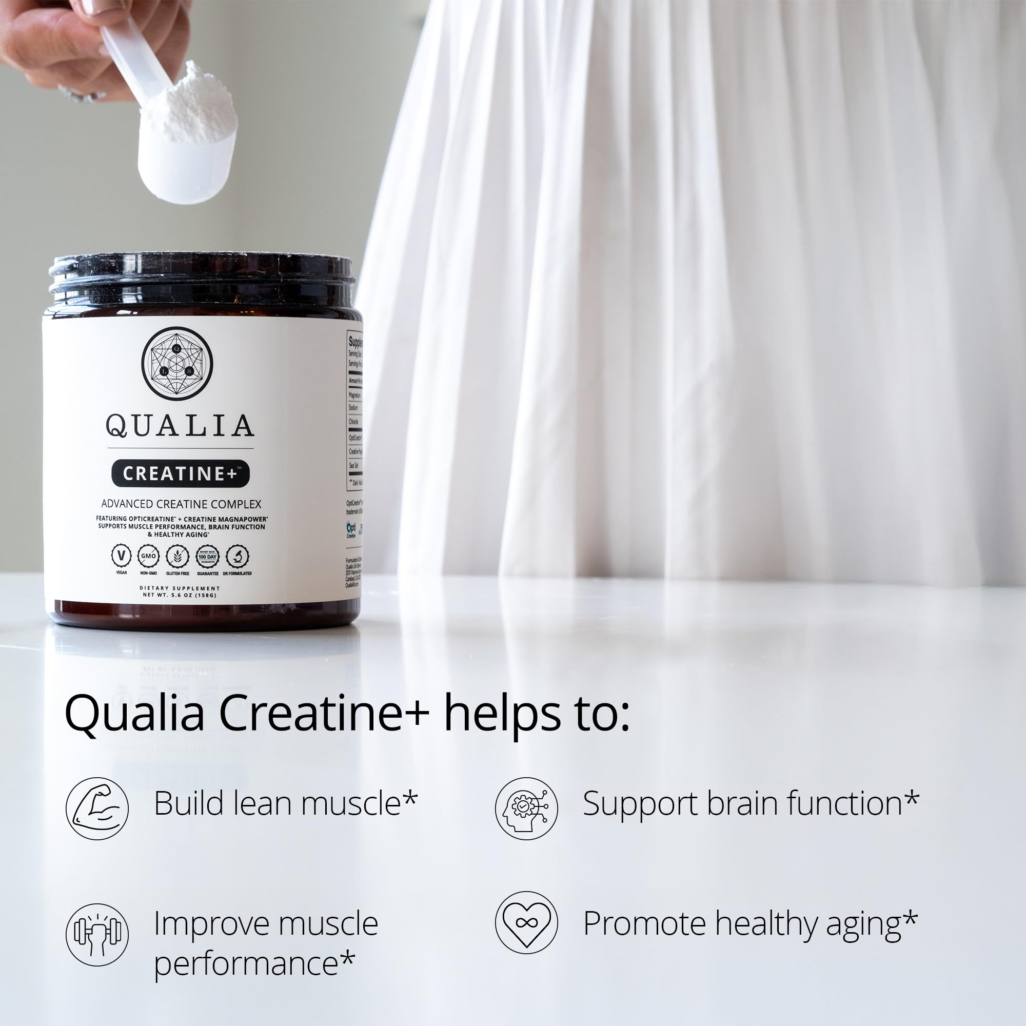 Qualia Creatine+ powder dissolves smoothly for easy, grit-free mixing.