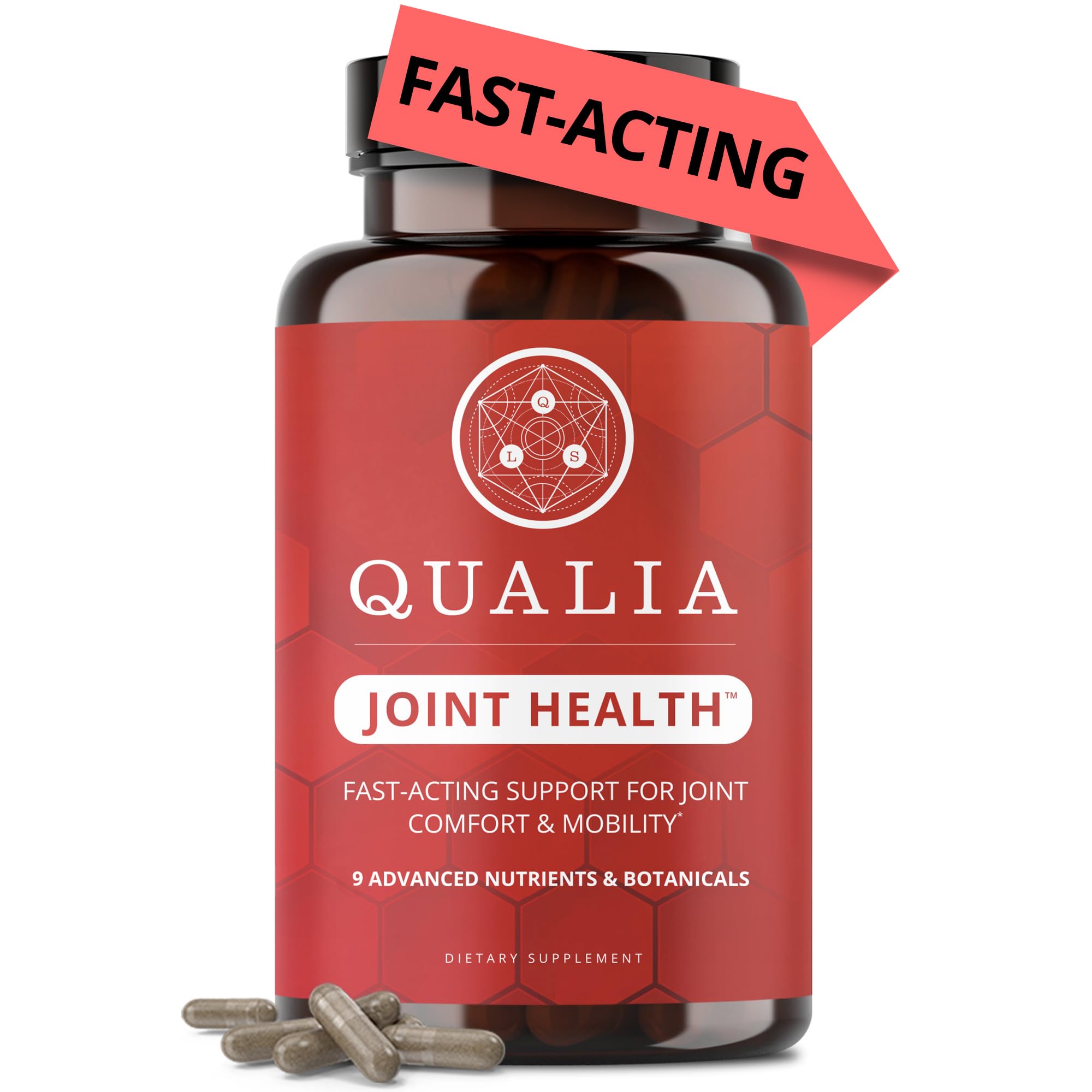 Qualia Joint Health bottle closeup showing the advanced formula for joint comfort.