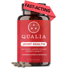 Qualia Joint Health bottle closeup showing the advanced formula for joint comfort.