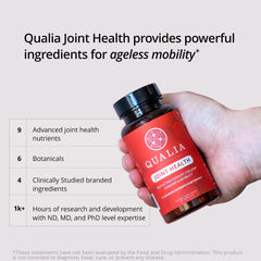 Qualia Joint Health label closeup illustrating ethical sourcing and third-party testing.