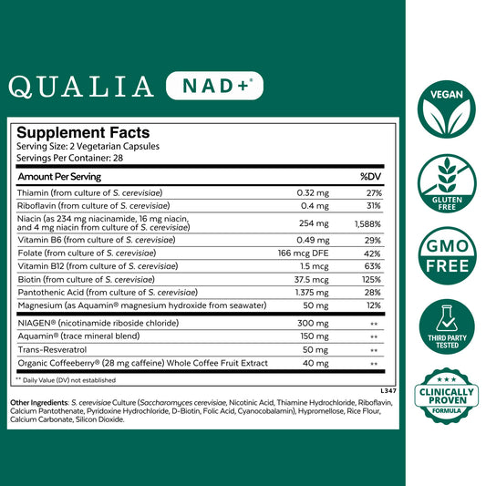 Close-up of Qualia NAD capsules for easy daily energy support.