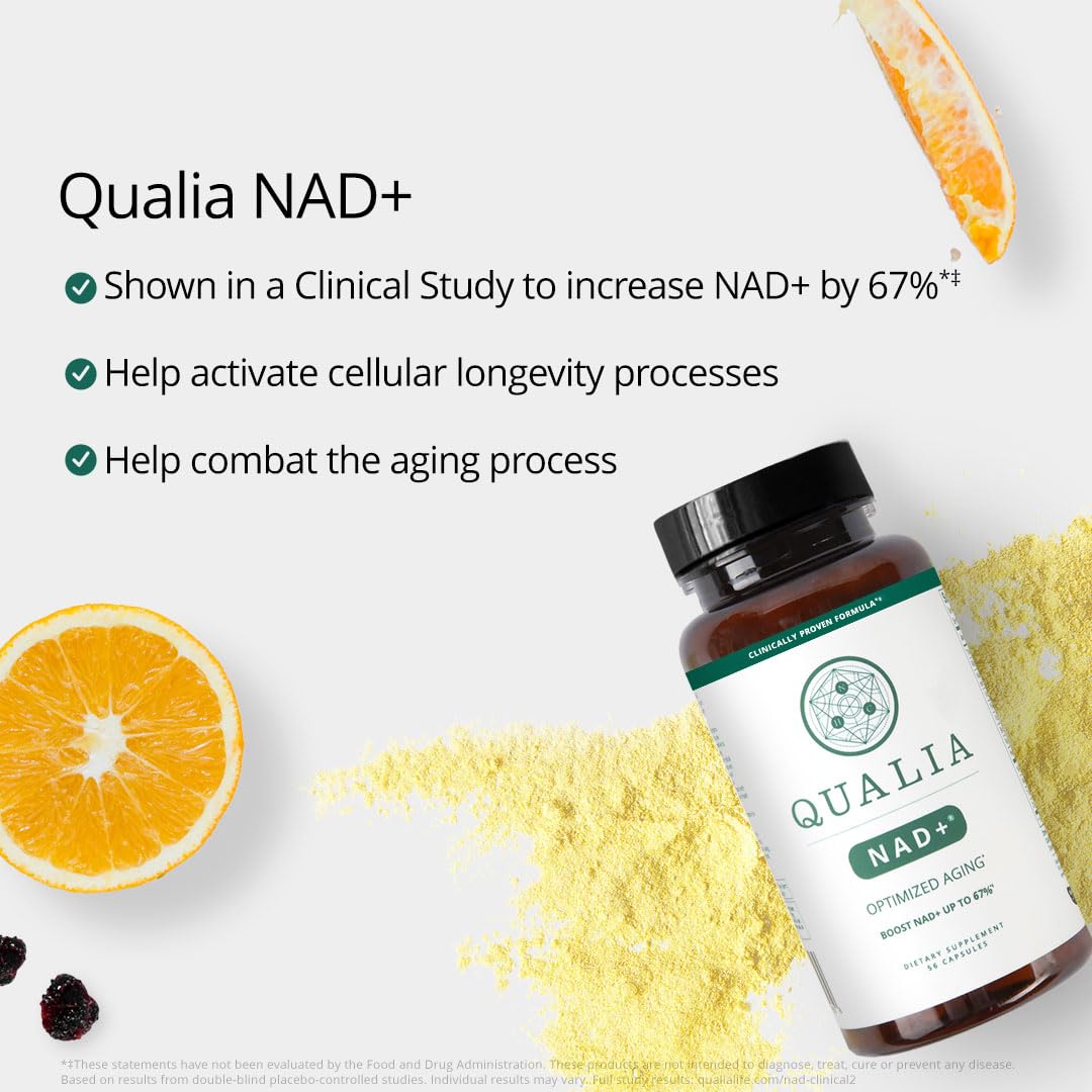 Qualia NAD label detail emphasizing premium NAD+ ingredients.