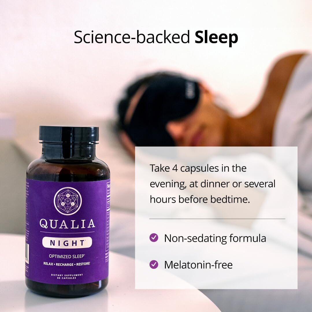 Qualia Night Sleep Aid outer packaging beside a dark night backdrop.