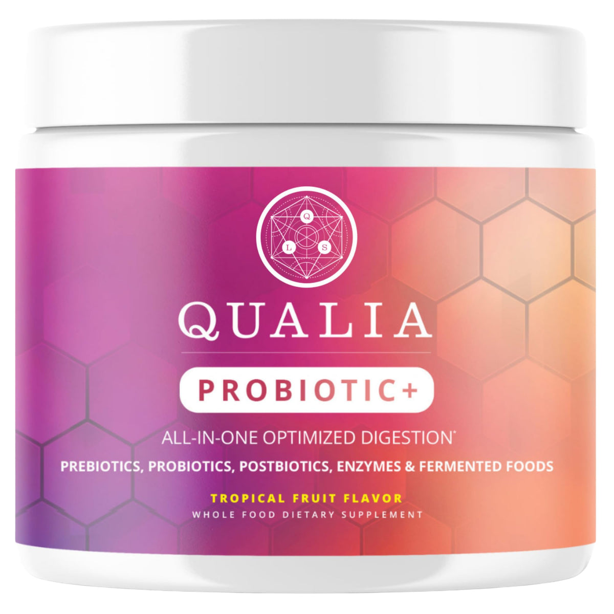 Qualia Probiotic bottle shows the 28-component synbiotic for gut support