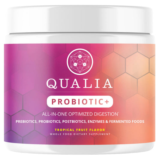 Qualia Probiotic bottle shows the 28-component synbiotic for gut support