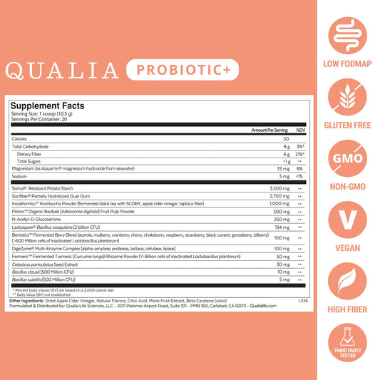 Qualia Probiotic scoop in glass demonstrates easy daily use