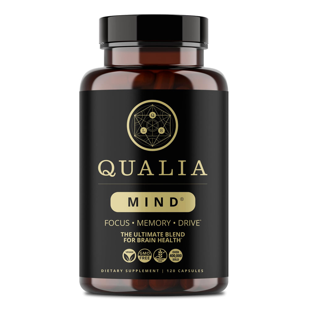 Qualia Mind bottle closeup with focus-enhancing nootropic blend
