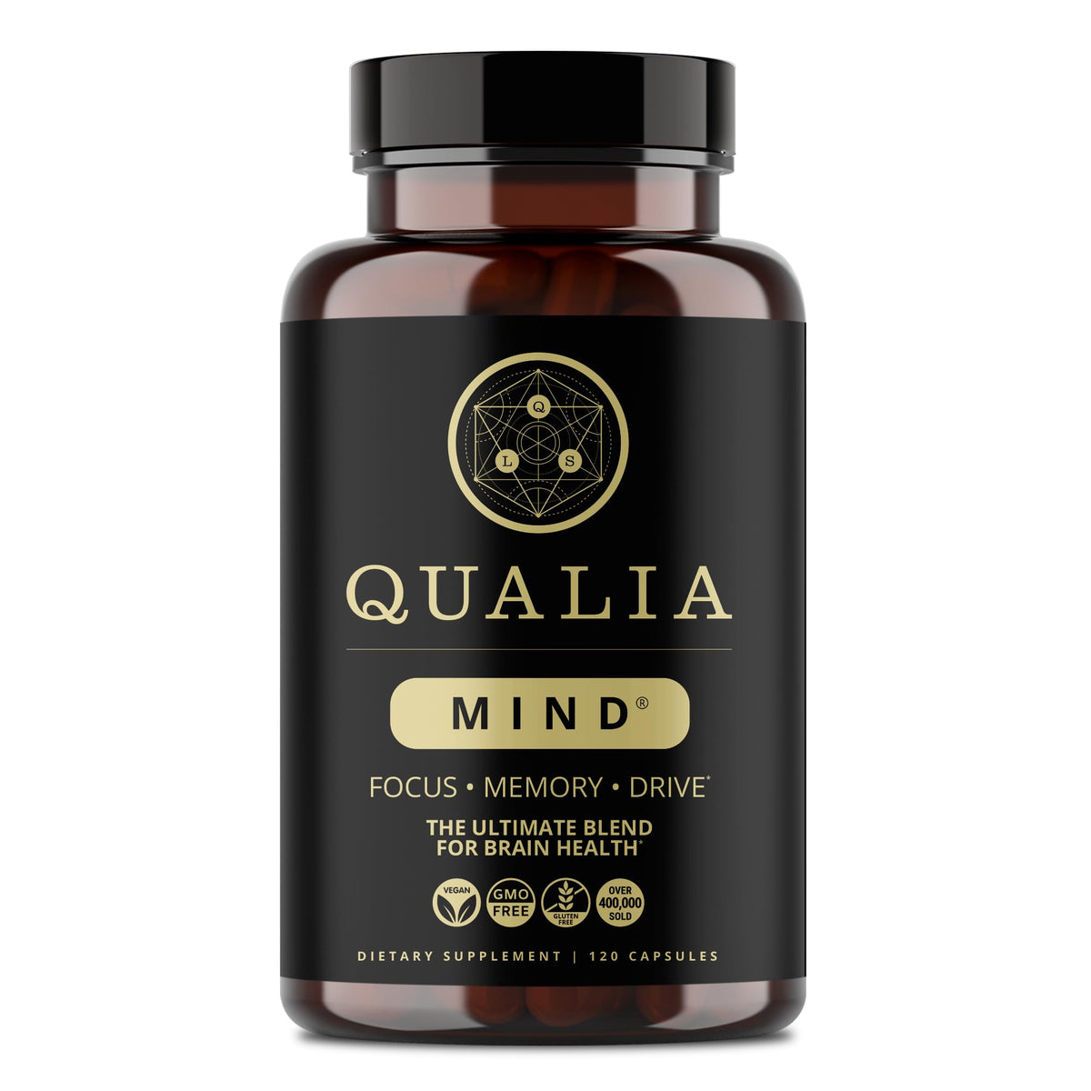 Qualia Mind bottle closeup with focus-enhancing nootropic blend
