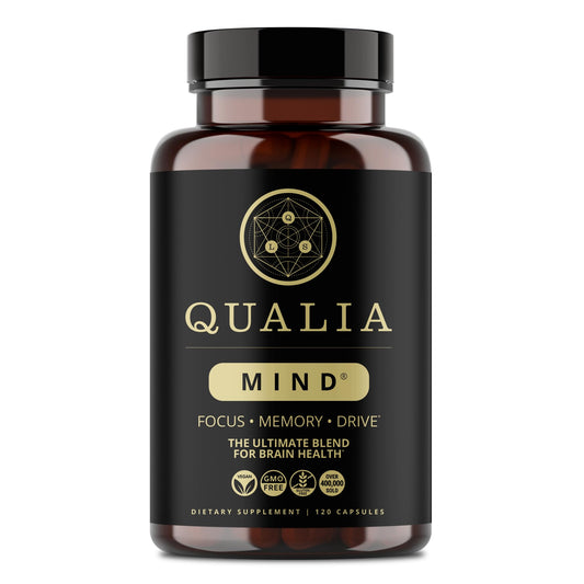 Qualia Mind bottle closeup with focus-enhancing nootropic blend