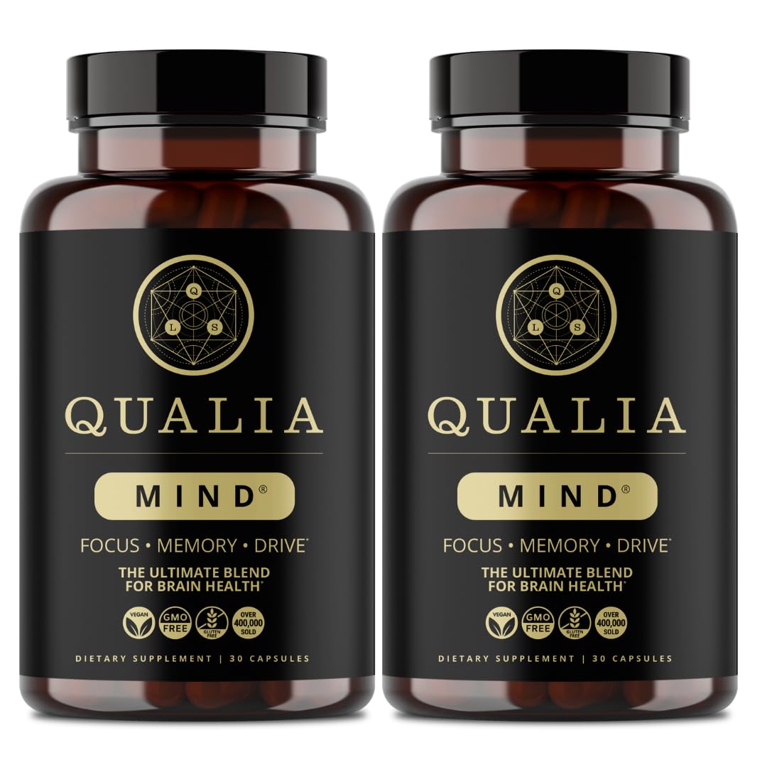 Qualia Mind bottle closeup with capsules that may support focused work.
