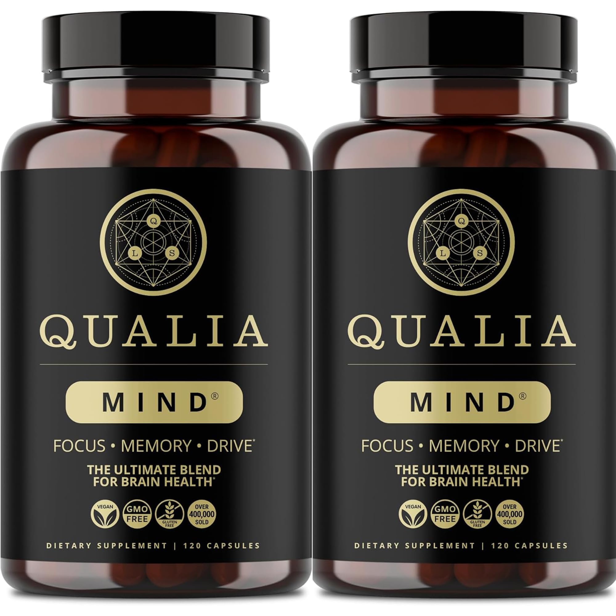 Qualia Mind bottle closeup for sharper focus and mental clarity.