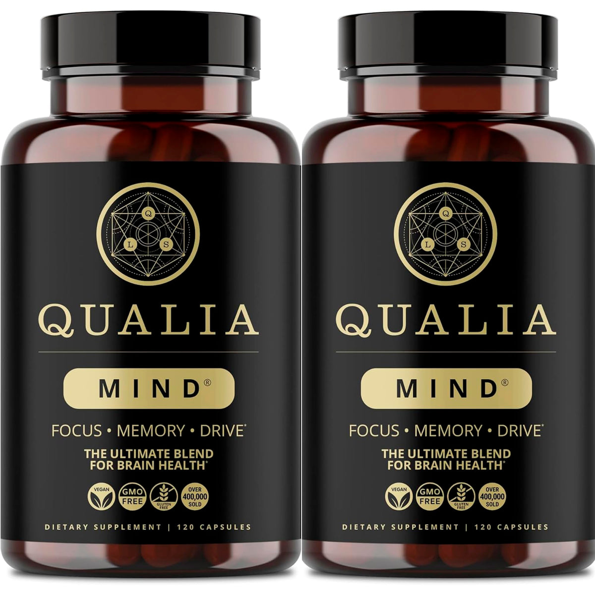 Qualia Mind bottle closeup for sharper focus and mental clarity.