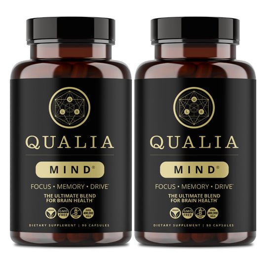 Qualia Mind bottle front view promotes focused energy for study sessions