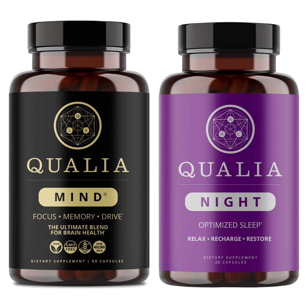Qualia Mind bottle packaging highlighting premium nootropic blend for focus and productivity.