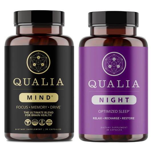 Qualia Mind bottle packaging highlighting premium nootropic blend for focus and productivity.