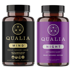Qualia Mind bottle packaging highlighting premium nootropic blend for focus and productivity.