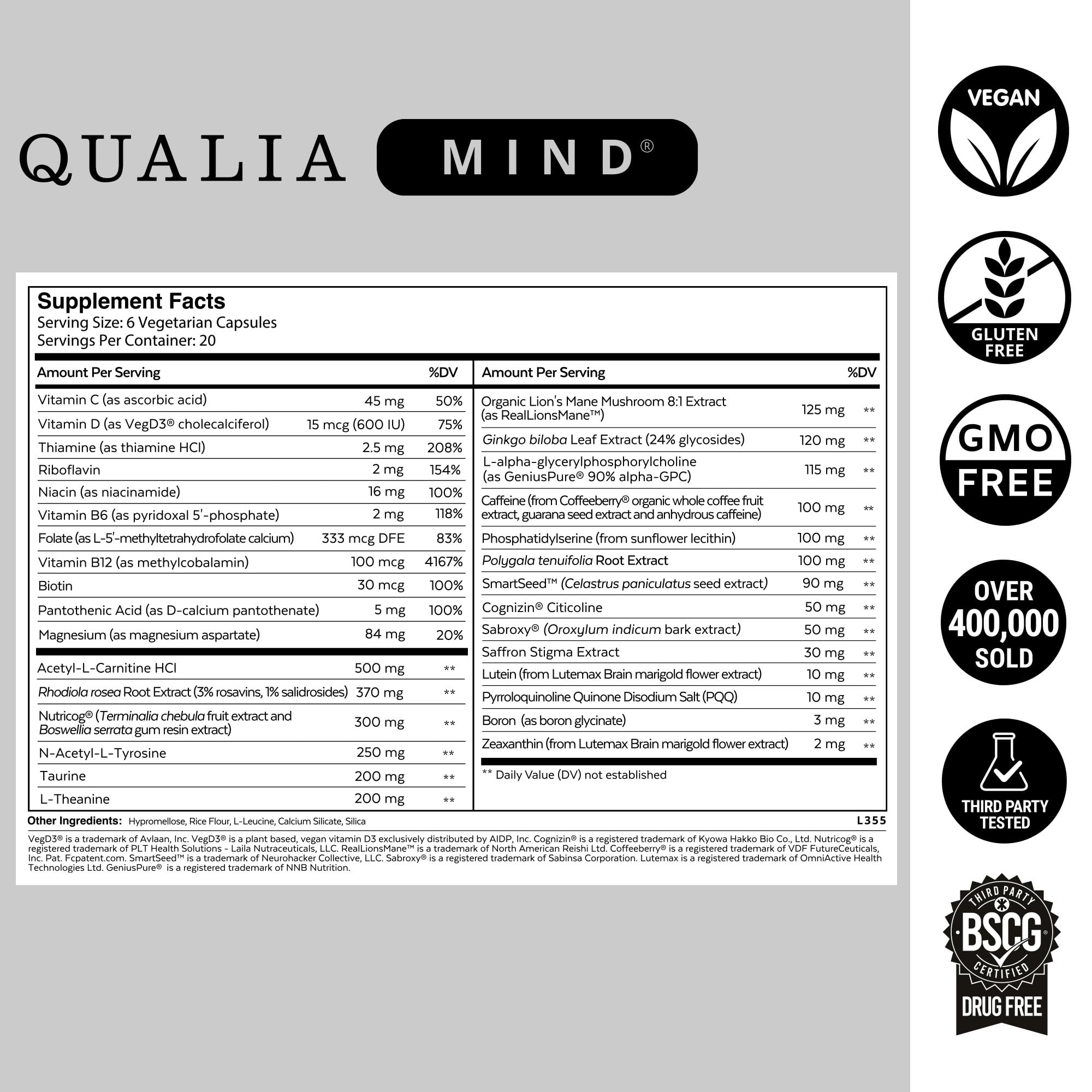 Qualia Mind capsules rotating to showcase texture and consistency for sustained energy.