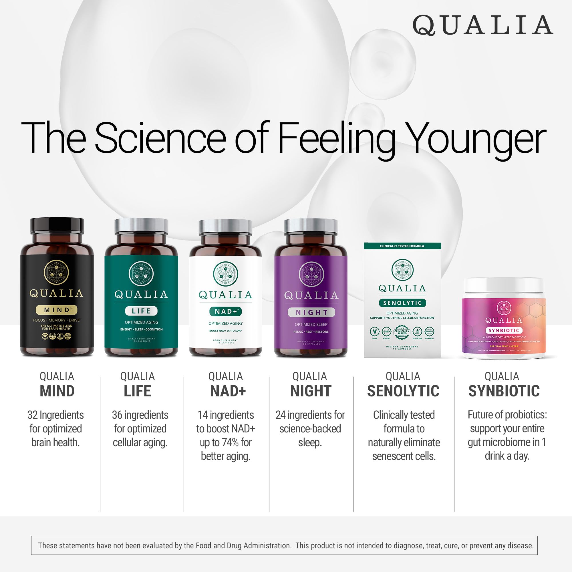 Qualia Mind capsules showing vegan, non-GMO, gluten-free formulation