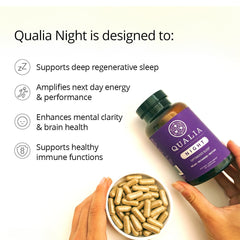 Qualia Mind daily use setup showing bottle and capsules for focus.
